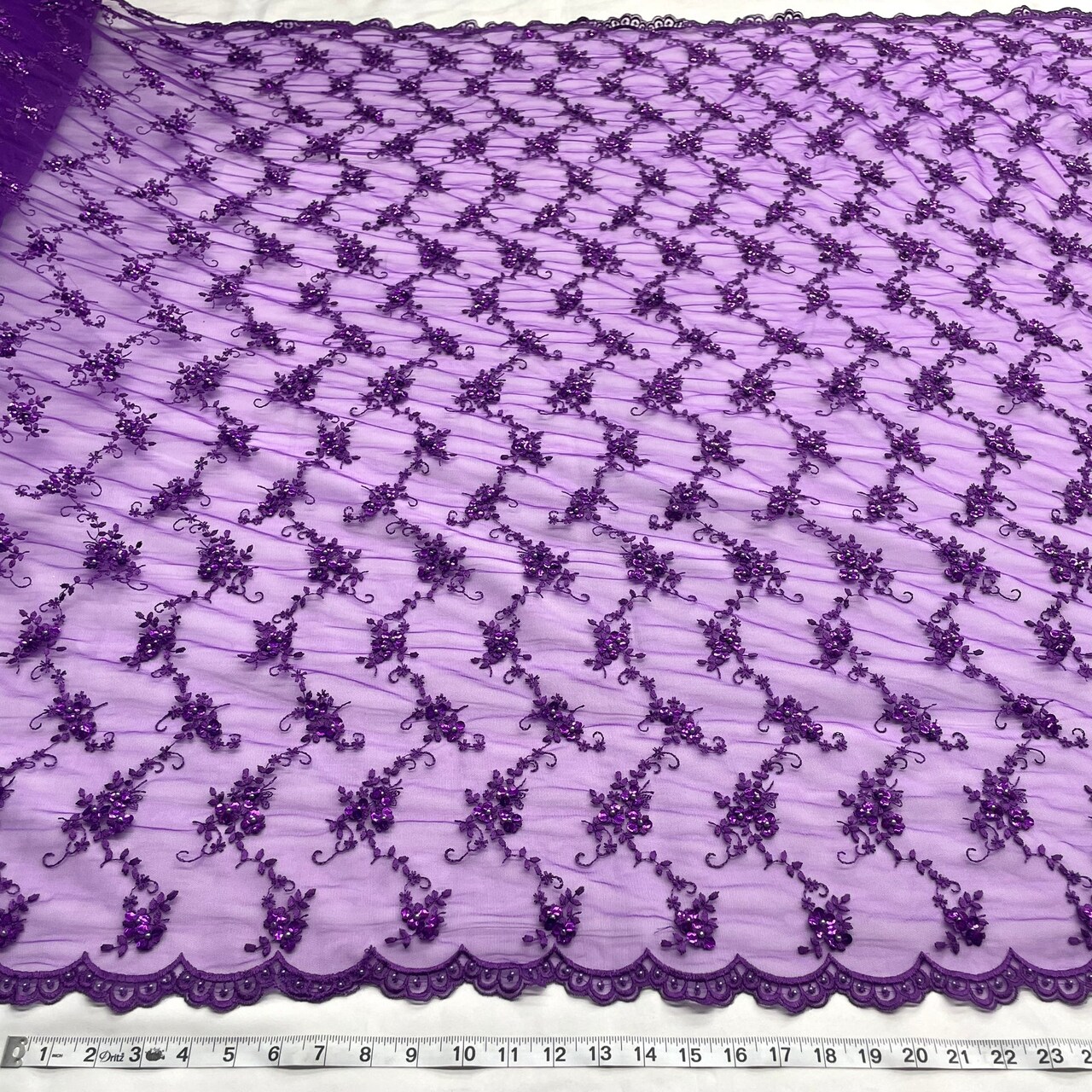 1 Yard Purple Beaded Bridal Evening Couture Quinceanera Dance Lace Fabric, 52 Inches Wide